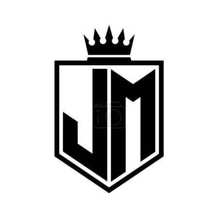 JM Letter Logo monogram bold shield geometric shape with crown outline black and white style design template