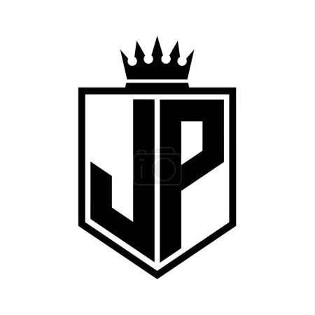 JP Letter Logo monogram bold shield geometric shape with crown outline black and white style design template
