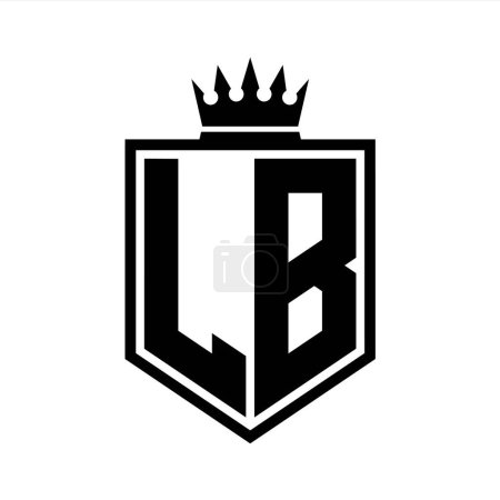 LB Letter Logo monogram bold shield geometric shape with crown outline black and white style design template