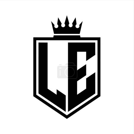 LE Letter Logo monogram bold shield geometric shape with crown outline black and white style design template