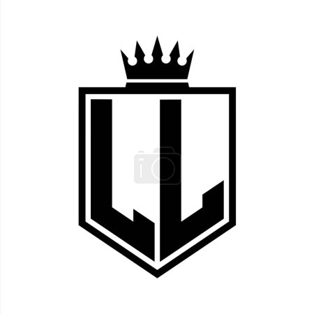 LL Letter Logo monogram bold shield geometric shape with crown outline black and white style design template