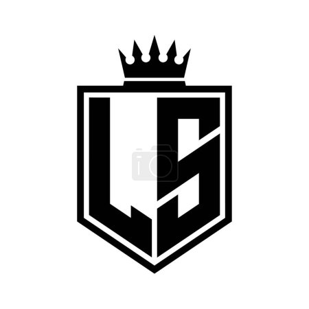 LS Letter Logo monogram bold shield geometric shape with crown outline black and white style design template