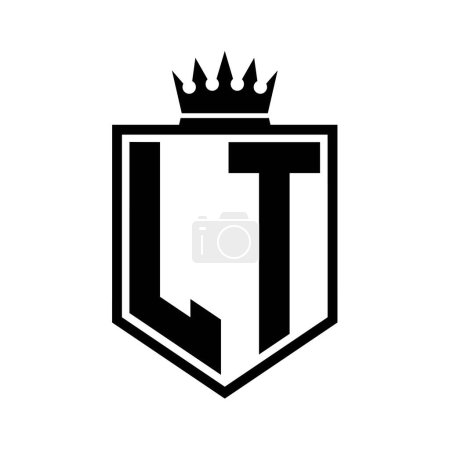 LT Letter Logo monograma en negrita forma geométrica escudo con el contorno de la corona plantilla de diseño de estilo blanco y negro