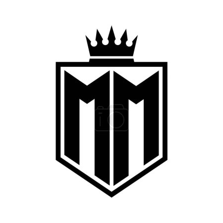 MM Letter Logo monogram bold shield geometric shape with crown outline black and white style design template