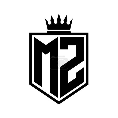 MZ Letter Logo monogram bold shield geometric shape with crown outline black and white style design template