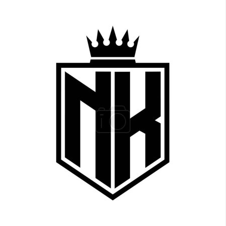 NK Letter Logo monogram bold shield geometric shape with crown outline black and white style design template