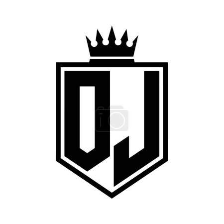OJ Letter Logo monogram bold shield geometric shape with crown outline black and white style design template