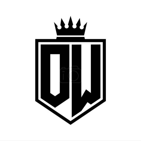 OW Letter Logo monogram bold shield geometric shape with crown outline black and white style design template