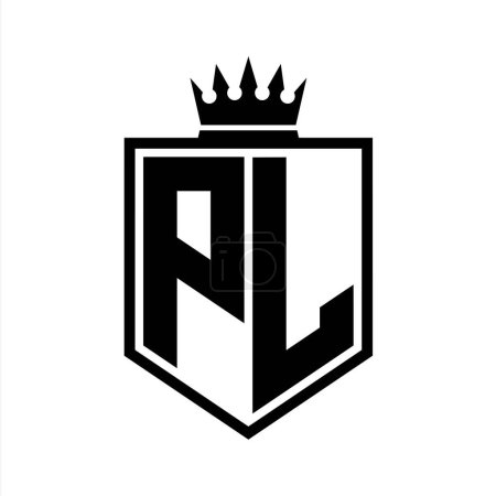 PL Lettre Logo monogramme bouclier gras forme géométrique avec contour de la couronne modèle de conception de style noir et blanc