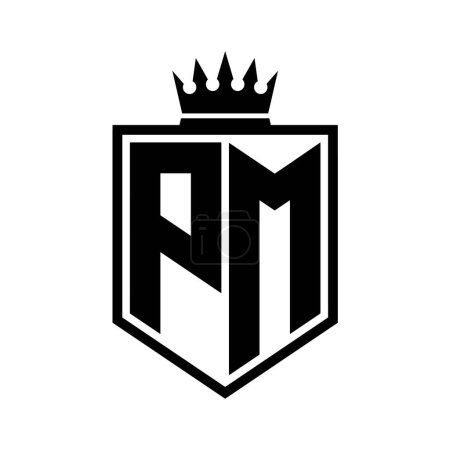 Lettre PM Logo monogramme bouclier gras forme géométrique avec contour de la couronne modèle de conception de style noir et blanc