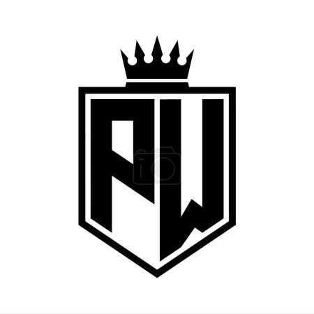 PW Letter Logo monogram bold shield geometric shape with crown outline black and white style design template