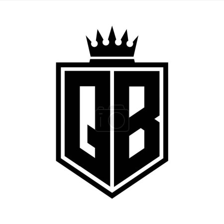 QB Letter Logo monogram bold shield geometric shape with crown outline black and white style design template