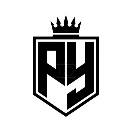 PY Letter Logo monogram bold shield geometric shape with crown outline black and white style design template