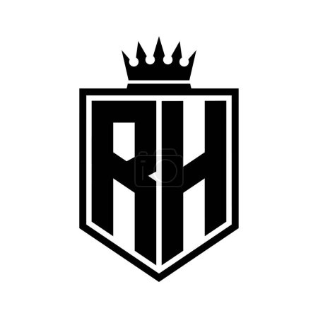 RH Letter Logo monogram bold shield geometric shape with crown outline black and white style design template