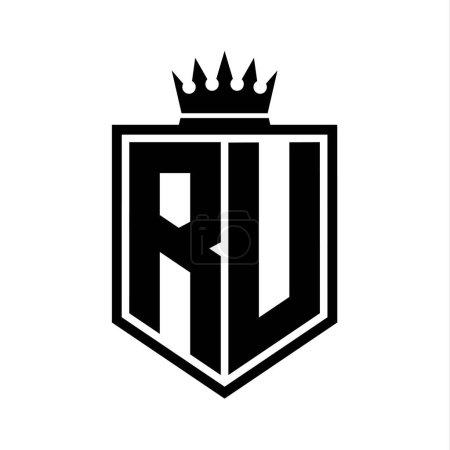 RU Letter Logo Monogramm fett Schild geometrische Form mit Krone Umriss schwarz und weiß Stil Design-Vorlage