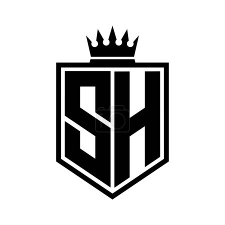 SH Carta Logo monograma en negrita forma geométrica escudo con el contorno de la corona plantilla de diseño de estilo blanco y negro
