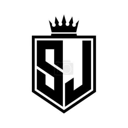 SJ Letter Logo monogram bold shield geometric shape with crown outline black and white style design template