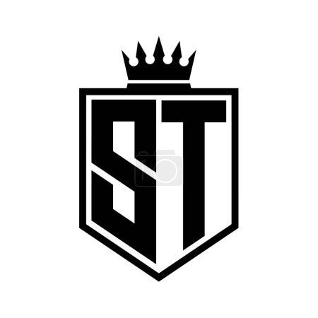 ST Letter Logo Monogramm fett Schild geometrische Form mit Krone Umriss schwarz und weiß Stil Design-Vorlage