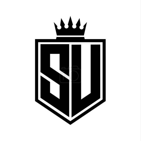 SU Letter Logo Monogramm fett Schild geometrische Form mit Krone Umriss schwarz und weiß Stil Design-Vorlage