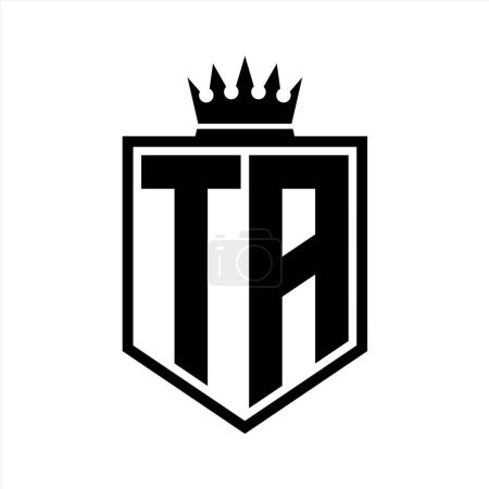 TA Letter Logo monogram bold shield geometric shape with crown outline black and white style design template