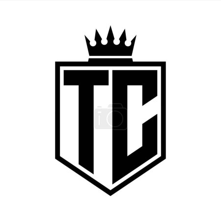 TC Letter Logo monogram bold shield geometric shape with crown outline black and white style design template
