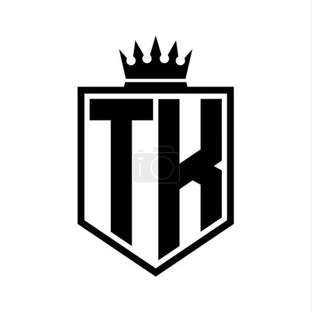 TK Letter Logo monograma en negrita forma geométrica escudo con contorno de la corona plantilla de diseño de estilo blanco y negro