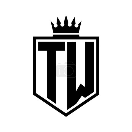 TW Letter Logo monogram bold shield geometric shape with crown outline black and white style design template