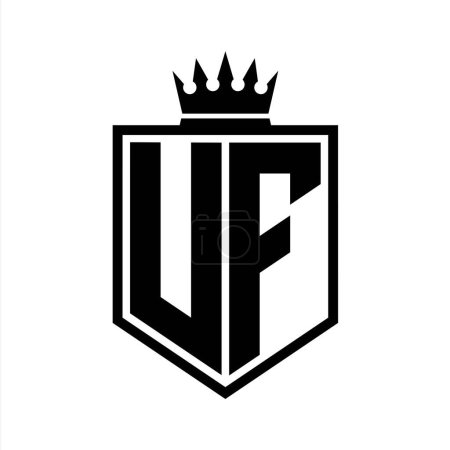 UF Letter Logo monogram bold shield geometric shape with crown outline black and white style design template