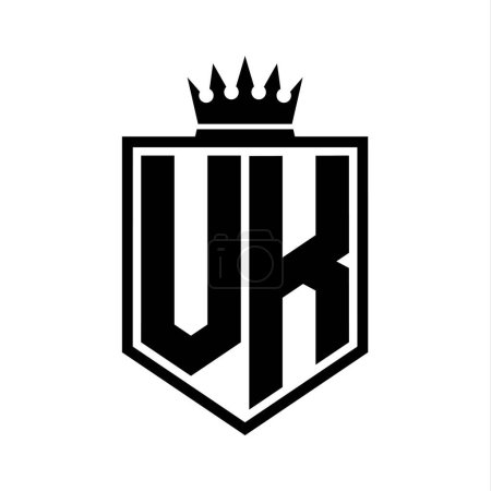 Forma geométrica del escudo en negrita del monograma VK Letter Logo con el contorno de la corona plantilla de diseño de estilo blanco y negro