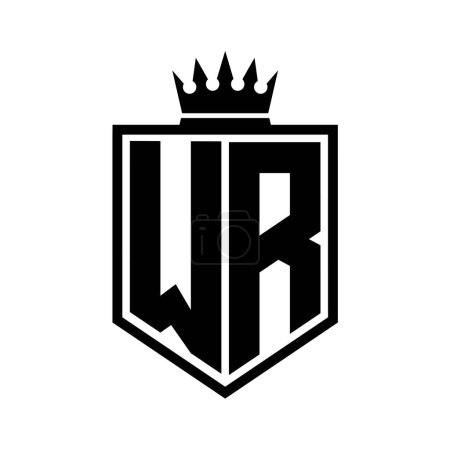 WR Letter Logo monogram bold shield geometric shape with crown outline black and white style design template
