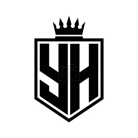 YH Letter Logo monogram bold shield geometric shape with crown outline black and white style design template