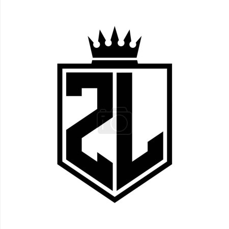 ZL Letter Logo monogram bold shield geometric shape with crown outline black and white style design template