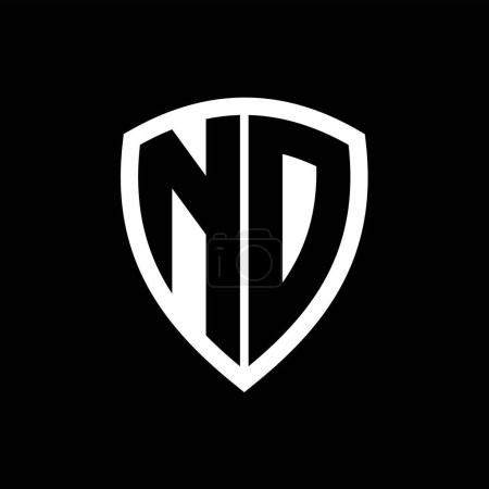 Logo monograma ND con forma de escudo de letras en negrita con plantilla de diseño de color blanco y negro