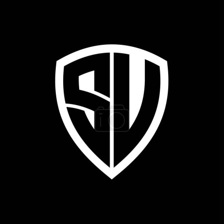 Logo monogramme SU avec lettres audacieuses forme de bouclier avec modèle de conception de couleur noir et blanc