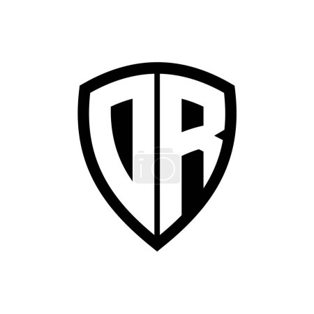 Logo monograma DR con forma de escudo de letras en negrita con plantilla de diseño de color blanco y negro