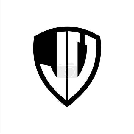 Logo monograma JV con forma de escudo de letras en negrita con plantilla de diseño de color blanco y negro