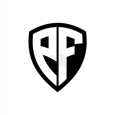 Logo monograma PF con forma de escudo de letras en negrita con plantilla de diseño de color blanco y negro
