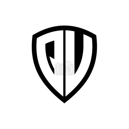 Logotipo del monograma QU con forma de escudo de letras en negrita con plantilla de diseño de color blanco y negro