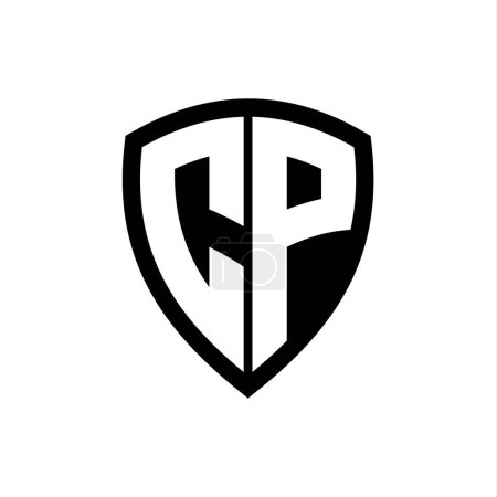 Logo monogramme CP avec lettres en gras forme de bouclier avec modèle de conception de couleur noir et blanc