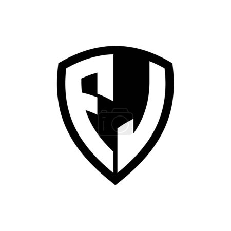 Logo monograma FJ con forma de escudo de letras en negrita con plantilla de diseño de color blanco y negro