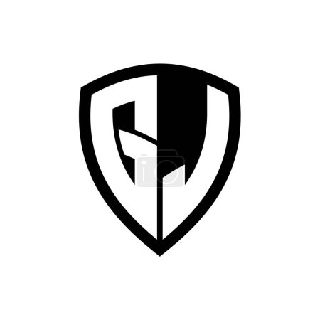 Logo monogramme GJ avec lettres audacieuses forme de bouclier avec modèle de conception de couleur noir et blanc