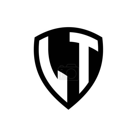 Logotipo del monograma LT con forma de escudo de letras negrita con plantilla de diseño de color blanco y negro