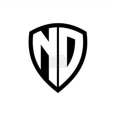 Logo monograma ND con forma de escudo de letras en negrita con plantilla de diseño de color blanco y negro
