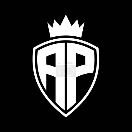 AP Letter bold monogram with shield and crown outline shape with black and white color design template