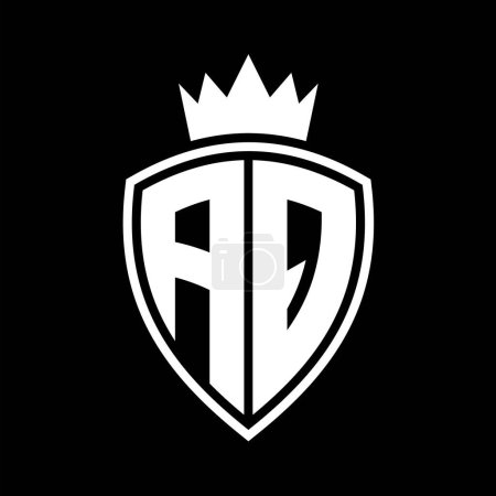 AQ Carta monograma en negrita con forma de escudo y contorno de corona con plantilla de diseño de color blanco y negro