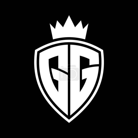 GG Letter bold monogram with shield and crown outline shape with black and white color design template
