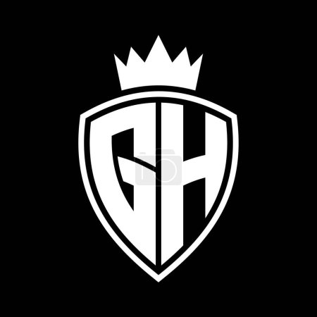 GH Letter bold monogram with shield and crown outline shape with black and white color design template