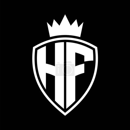 HF Letter bold monogram with shield and crown outline shape with black and white color design template
