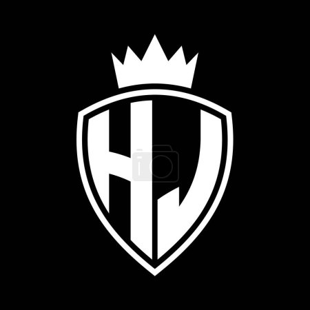 HJ Letter bold monogram with shield and crown outline shape with black and white color design template