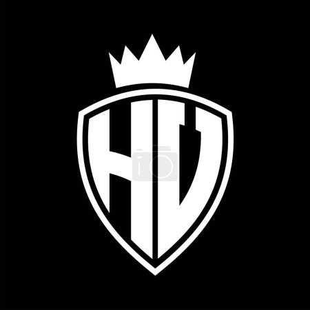 HV Letter bold monogram with shield and crown outline shape with black and white color design template